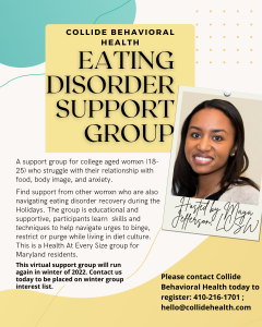 Eating Disorder Support Group Flyer, yellow and teal colors.